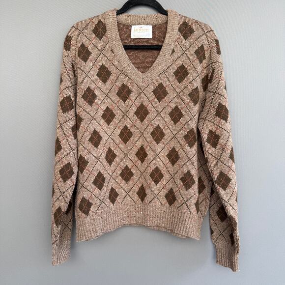 Vintage mens Jantzen argyle sweater  chocolate brown - grandpa - v neck - size L - Picture 1 of 8